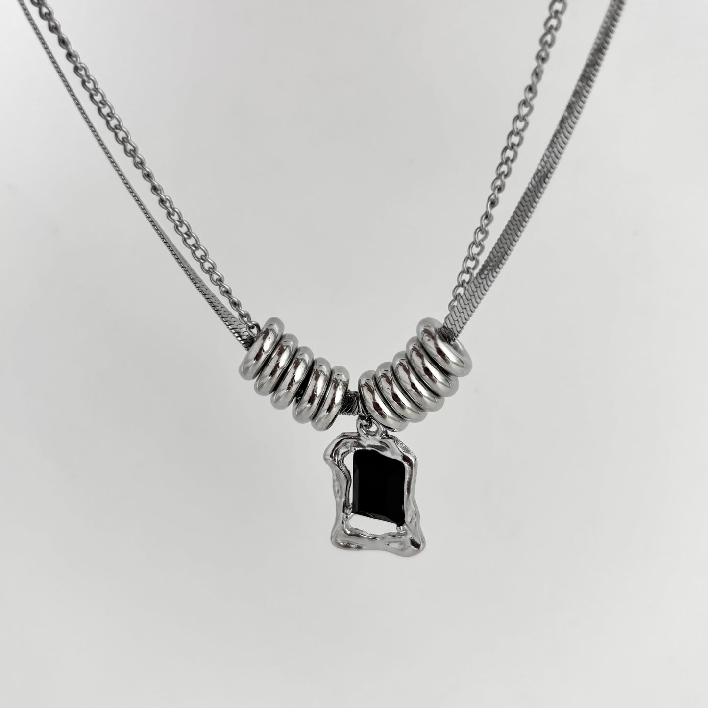 Double Layered Snake Bone Necklace Black Gemstone