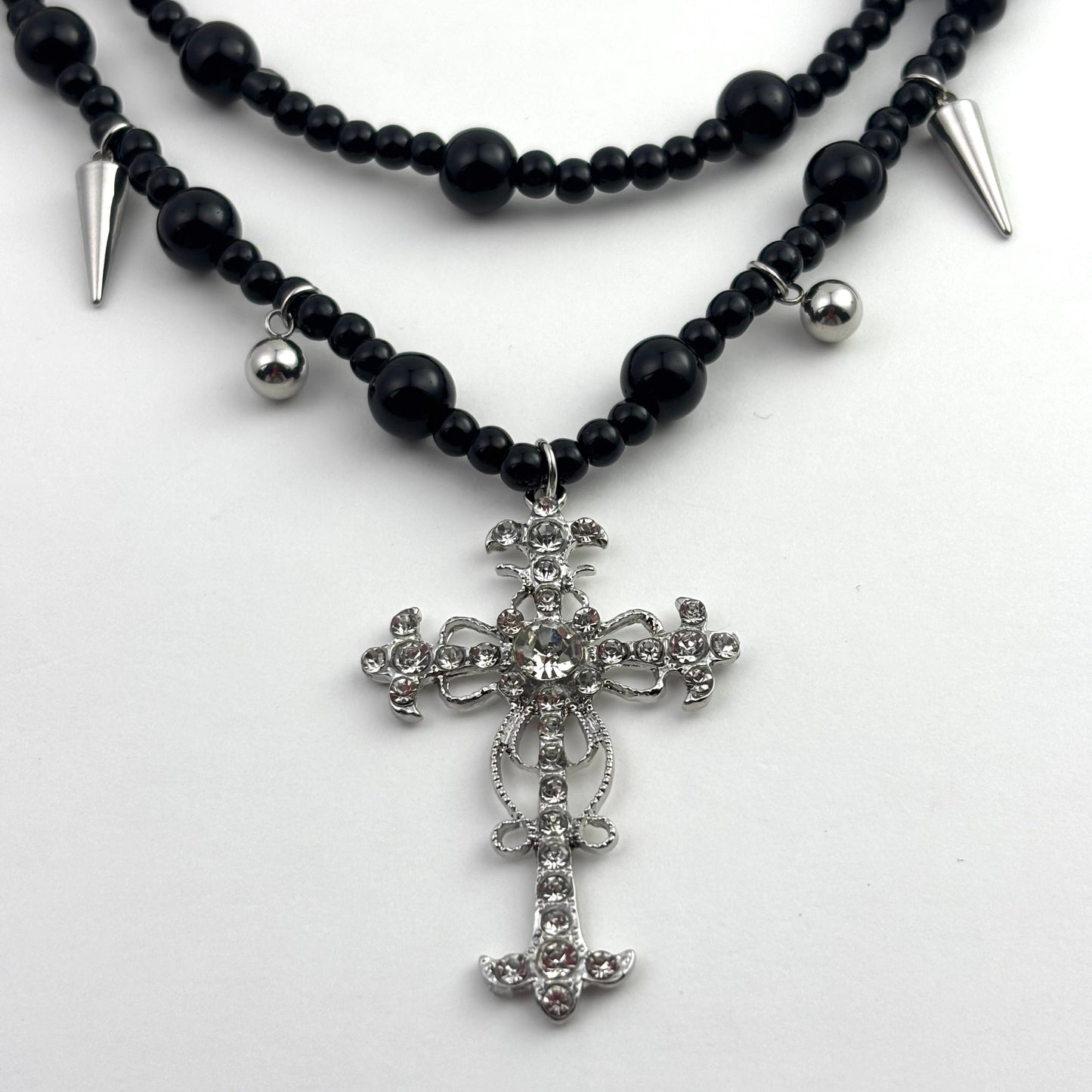 Popping Cross Black Bead Double Layers Necklace