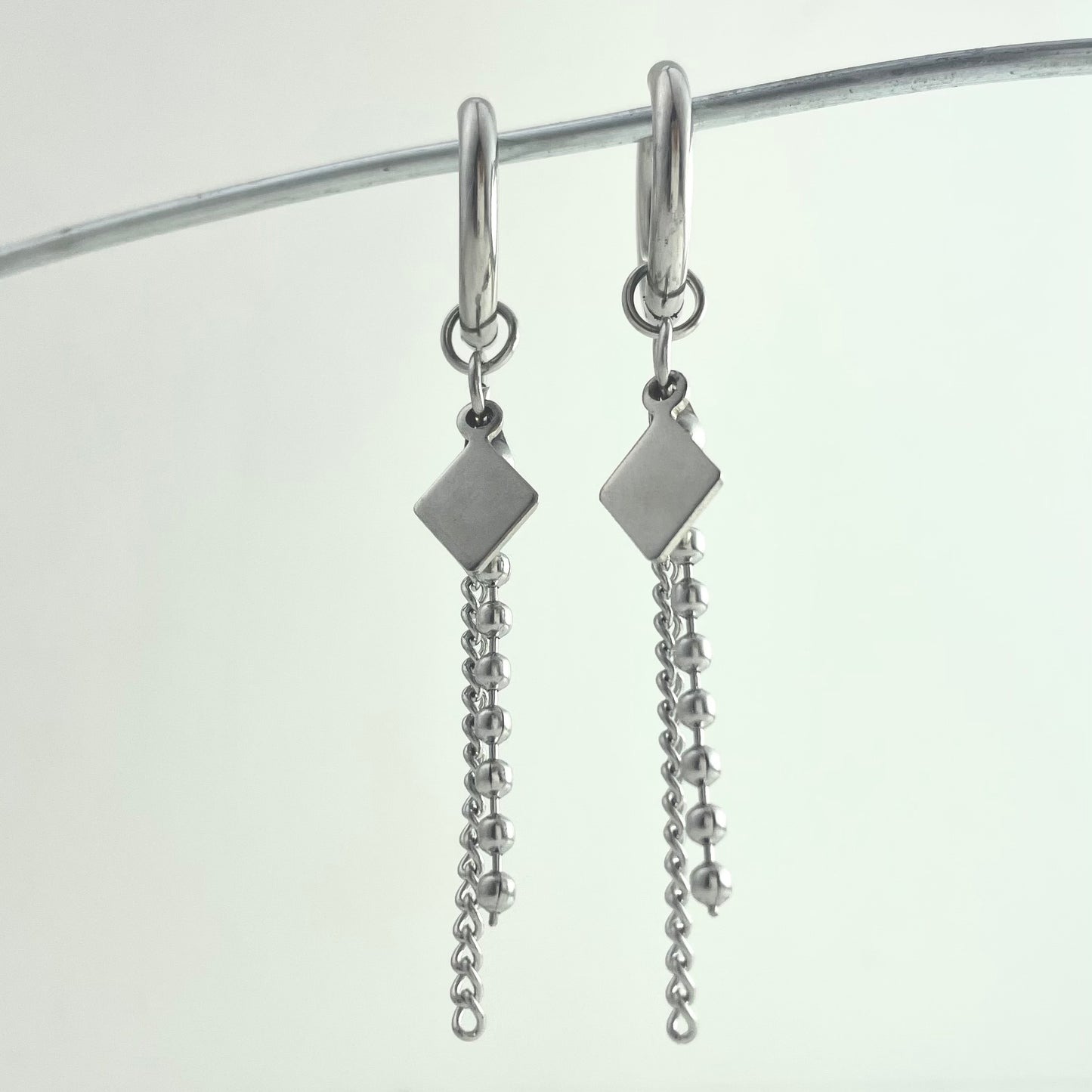 Titanium Hybrid Chain Square Tag Pendant Earrings