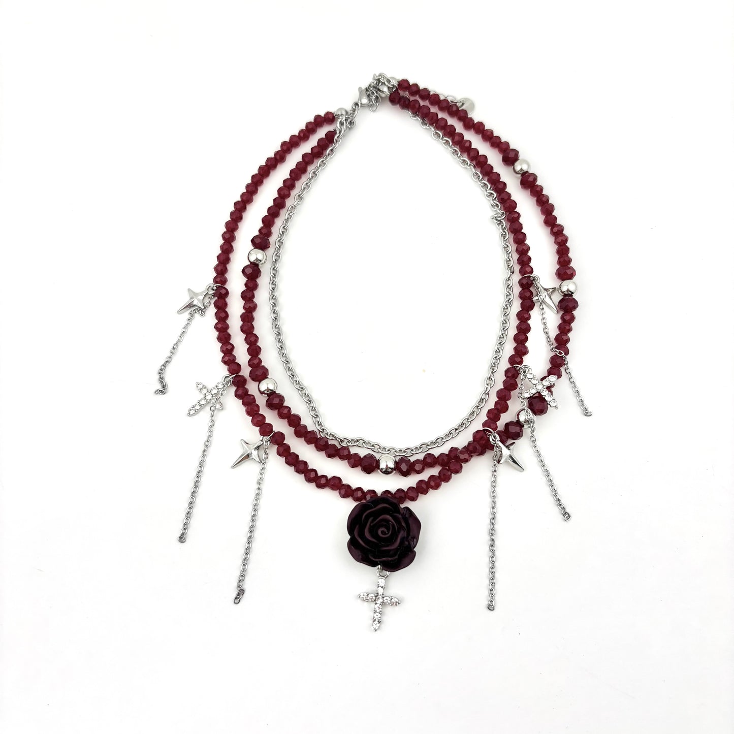Red Bead Dried Rose Pendant Necklace
