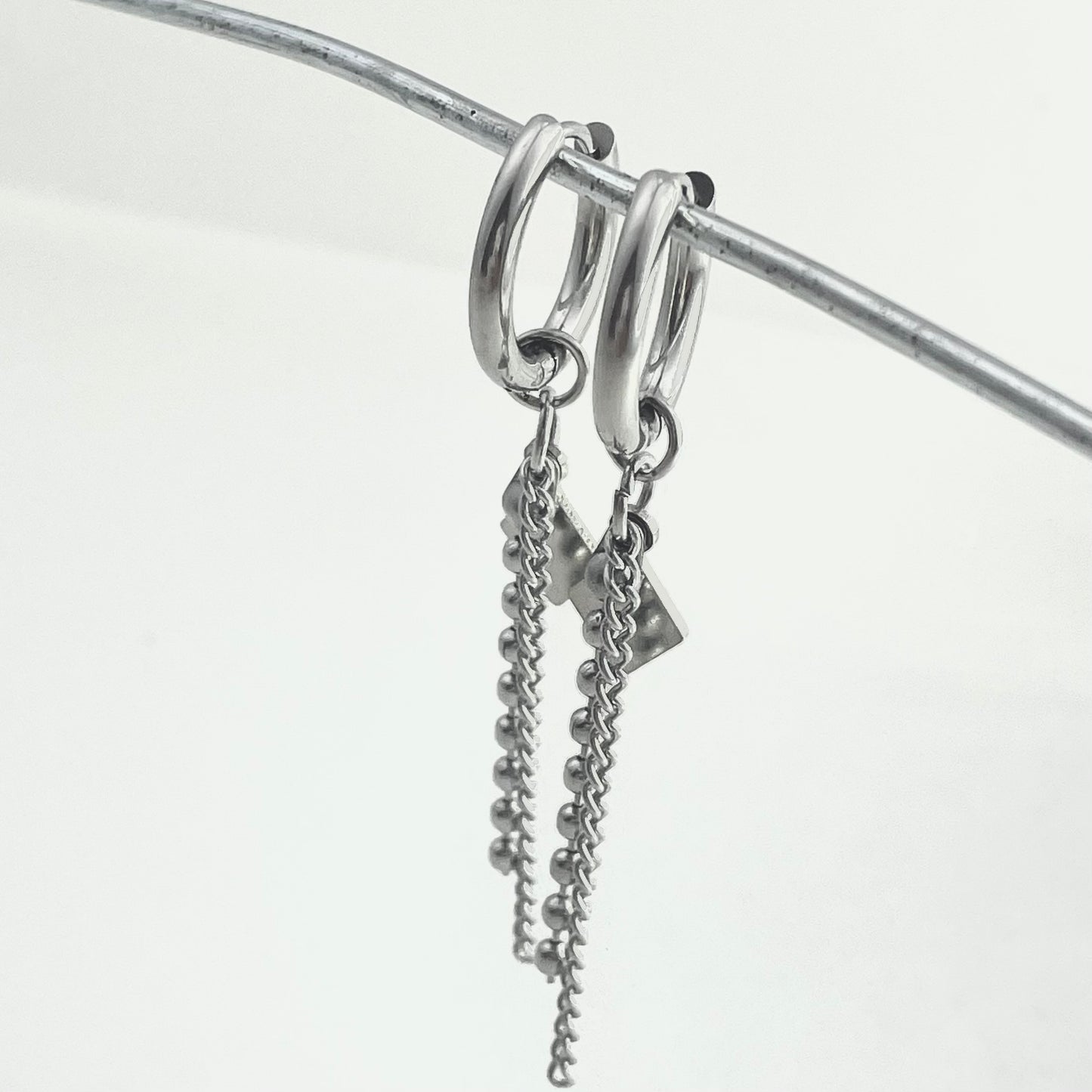 Titanium Hybrid Chain Square Tag Pendant Earrings