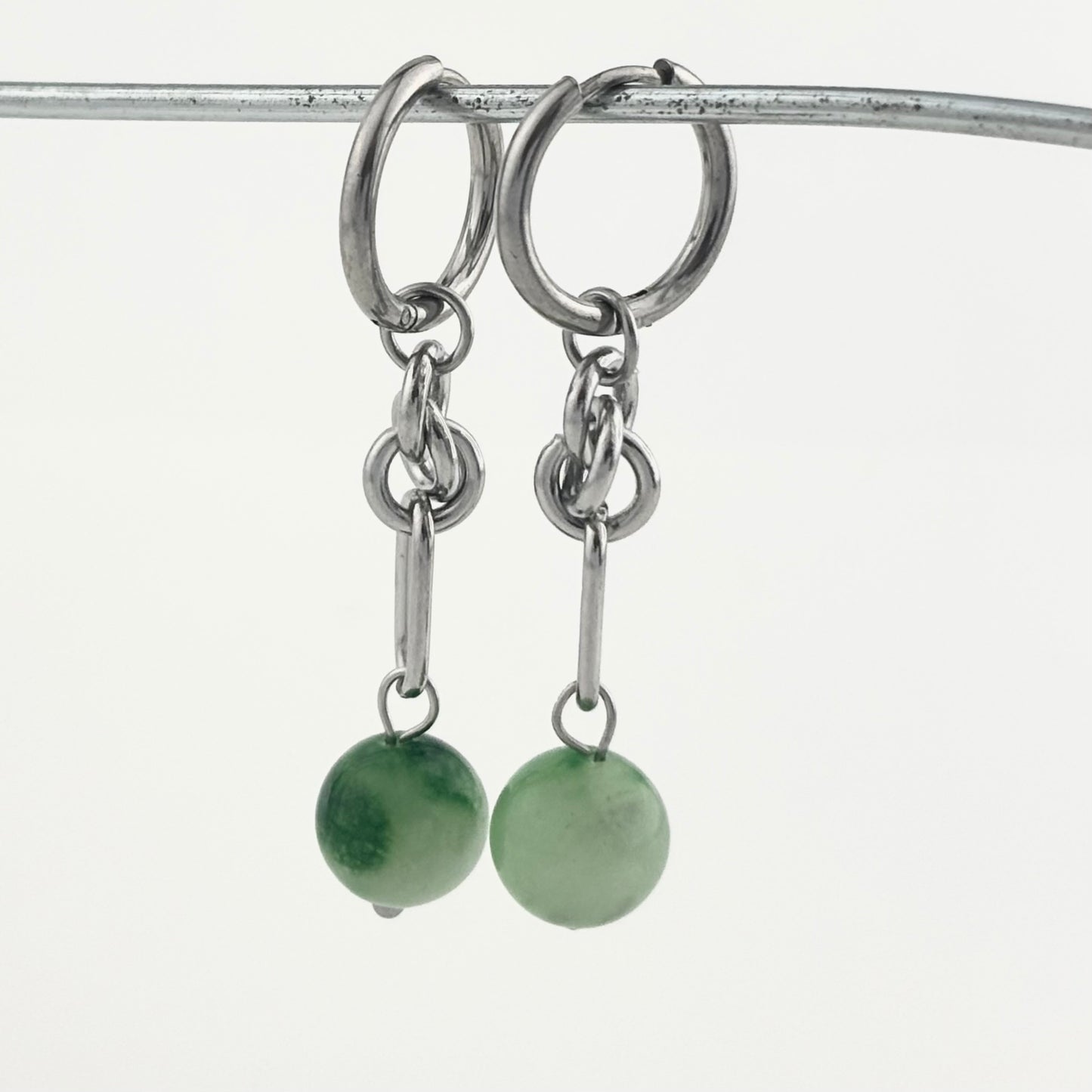 Titanium Steel Spliced Green Jade Earrings