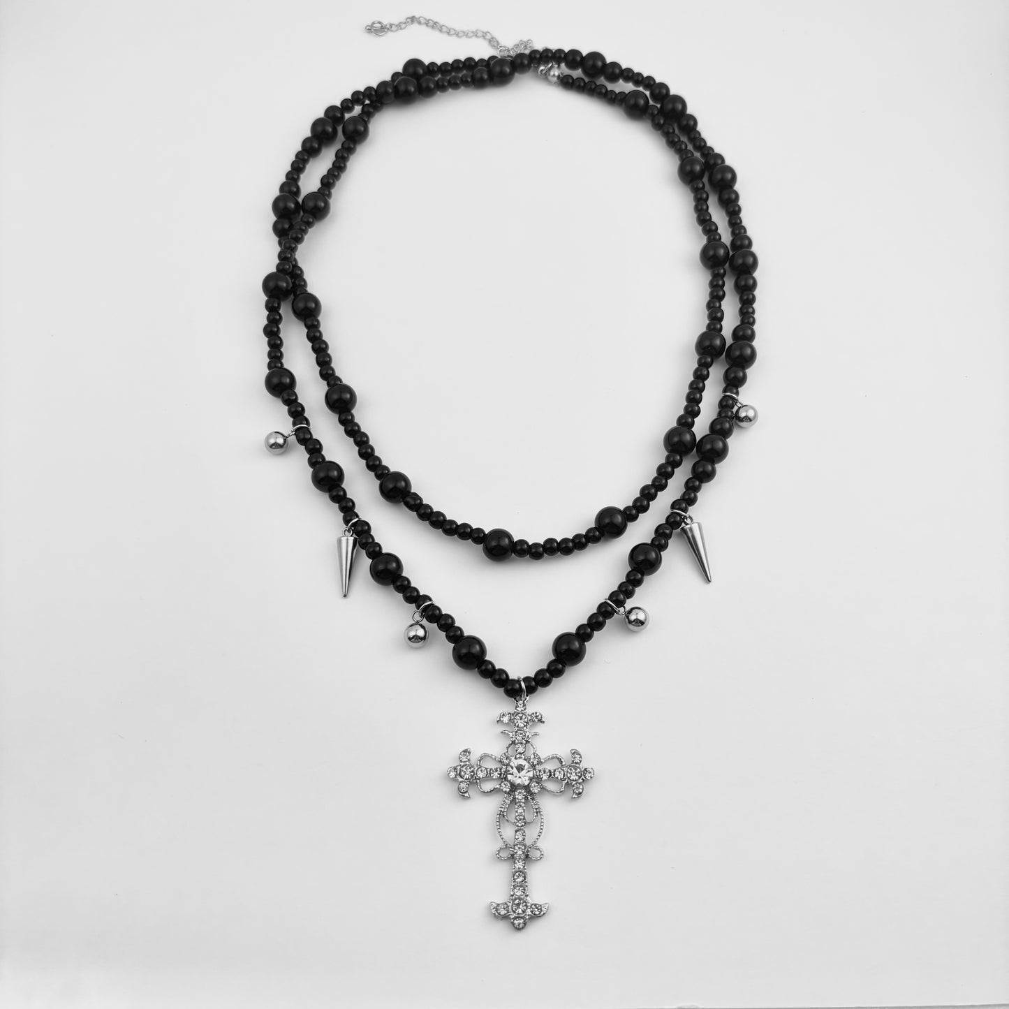 Popping Cross Black Bead Double Layers Necklace