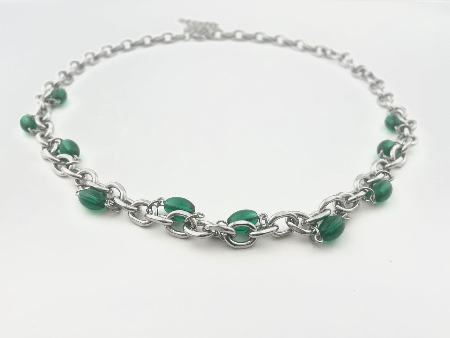 Titanium Steel Waterproof Green Stone-Inlaid Necklace
