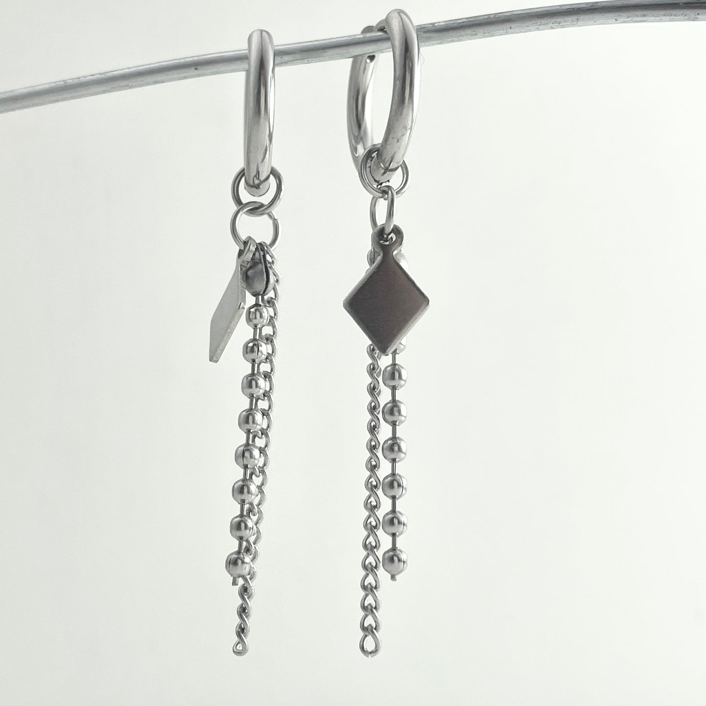 Titanium Hybrid Chain Square Tag Pendant Earrings