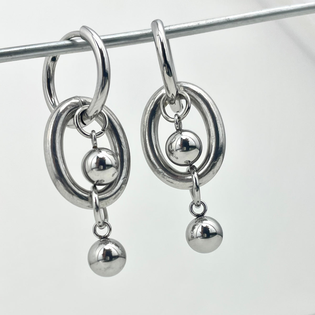 Titanium-Steel Waterproof Oval Double-Bead Earrings