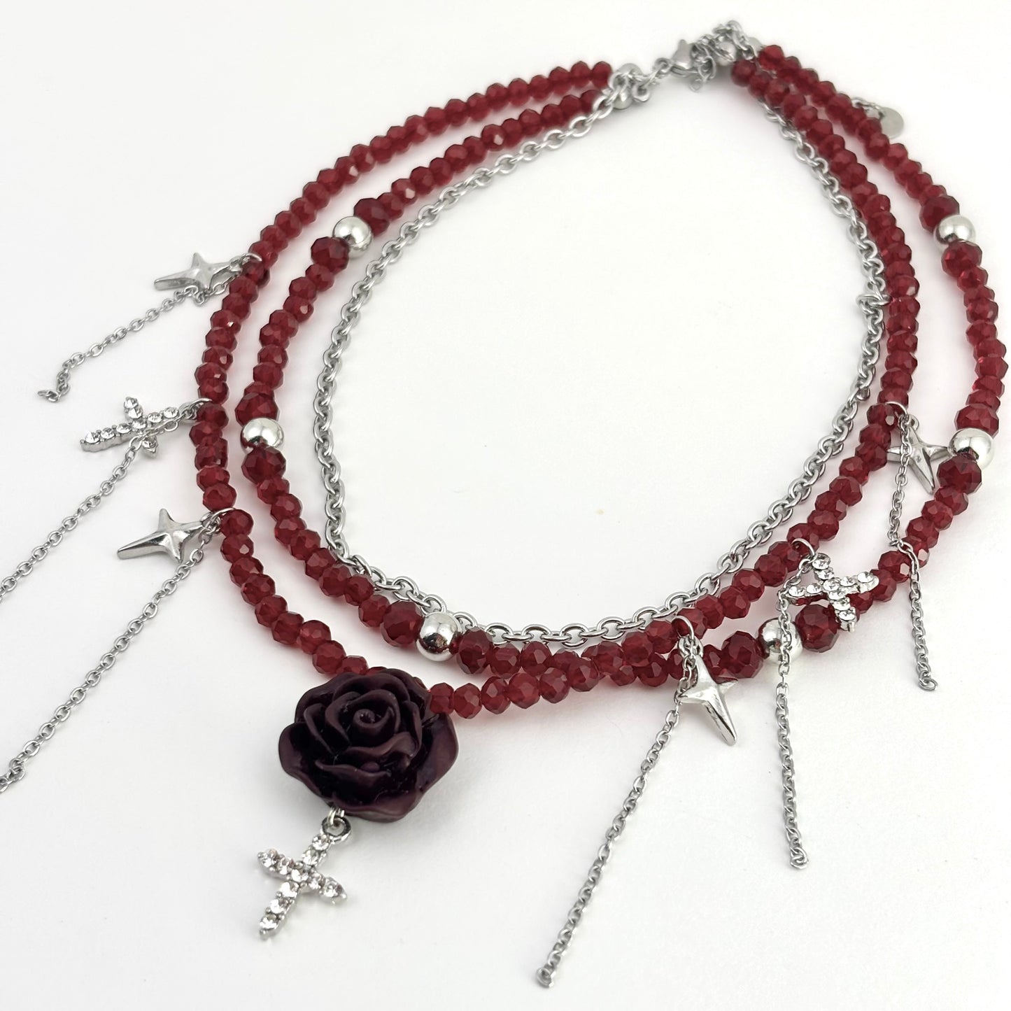 Red Bead Dried Rose Pendant Necklace