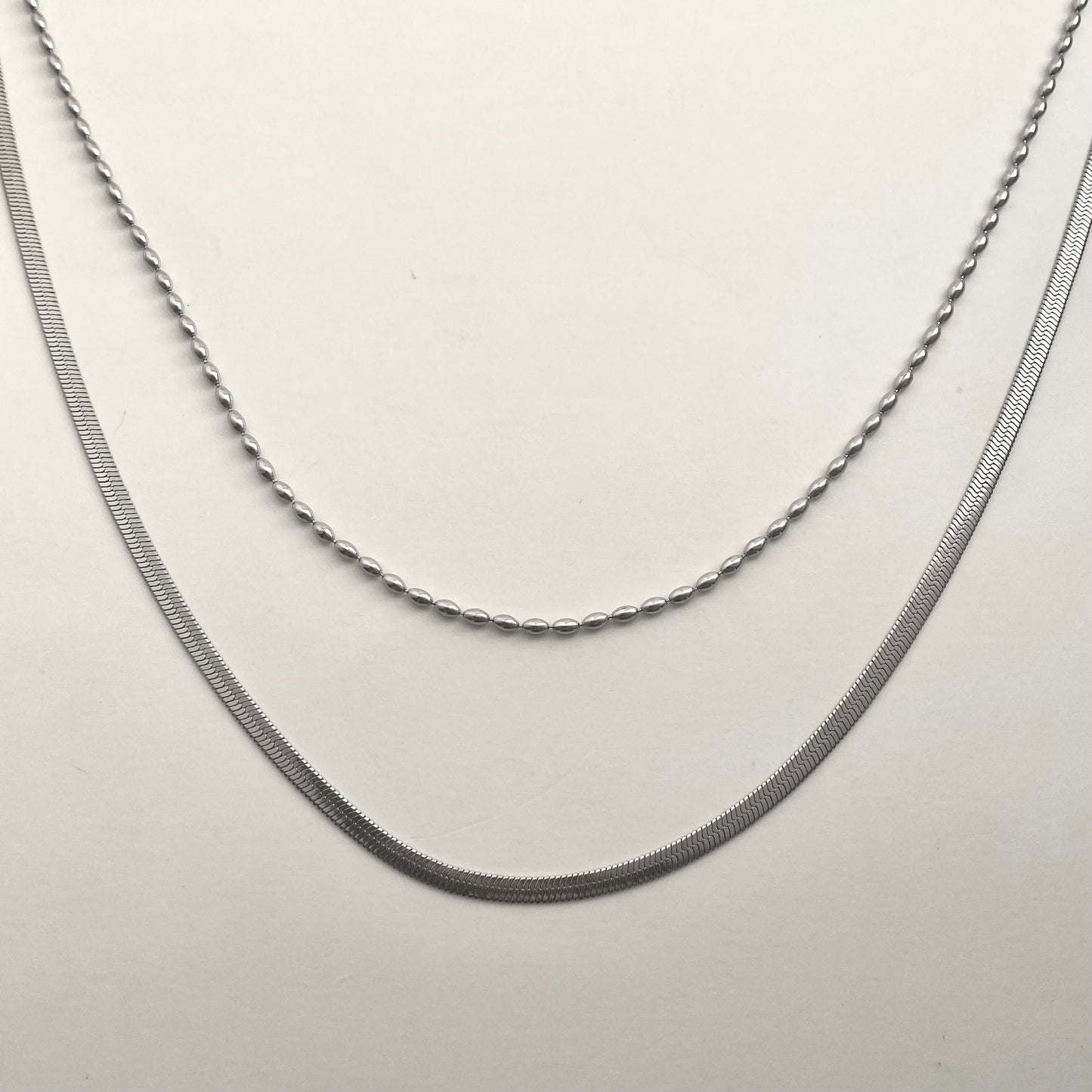 Silver Double-Layer Blade Silver Bead Necklace
