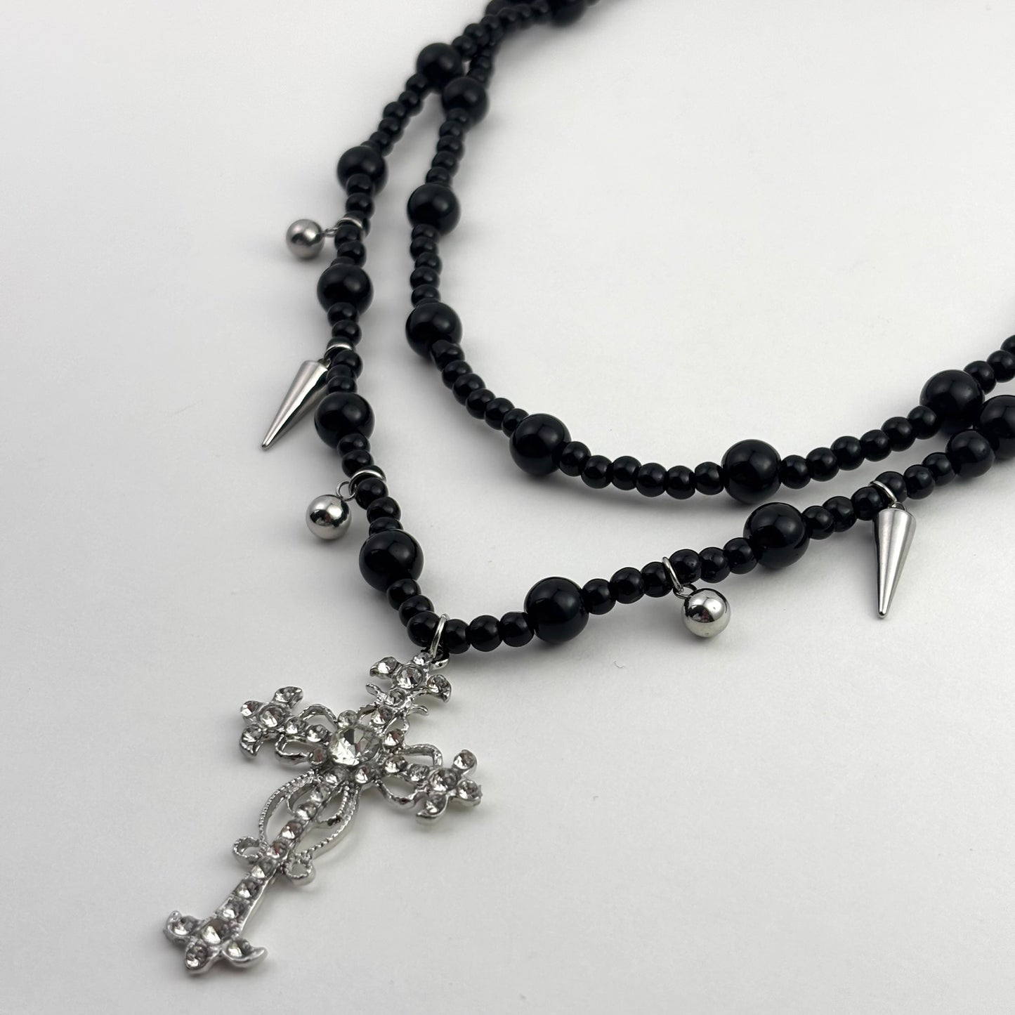 Popping Cross Black Bead Double Layers Necklace