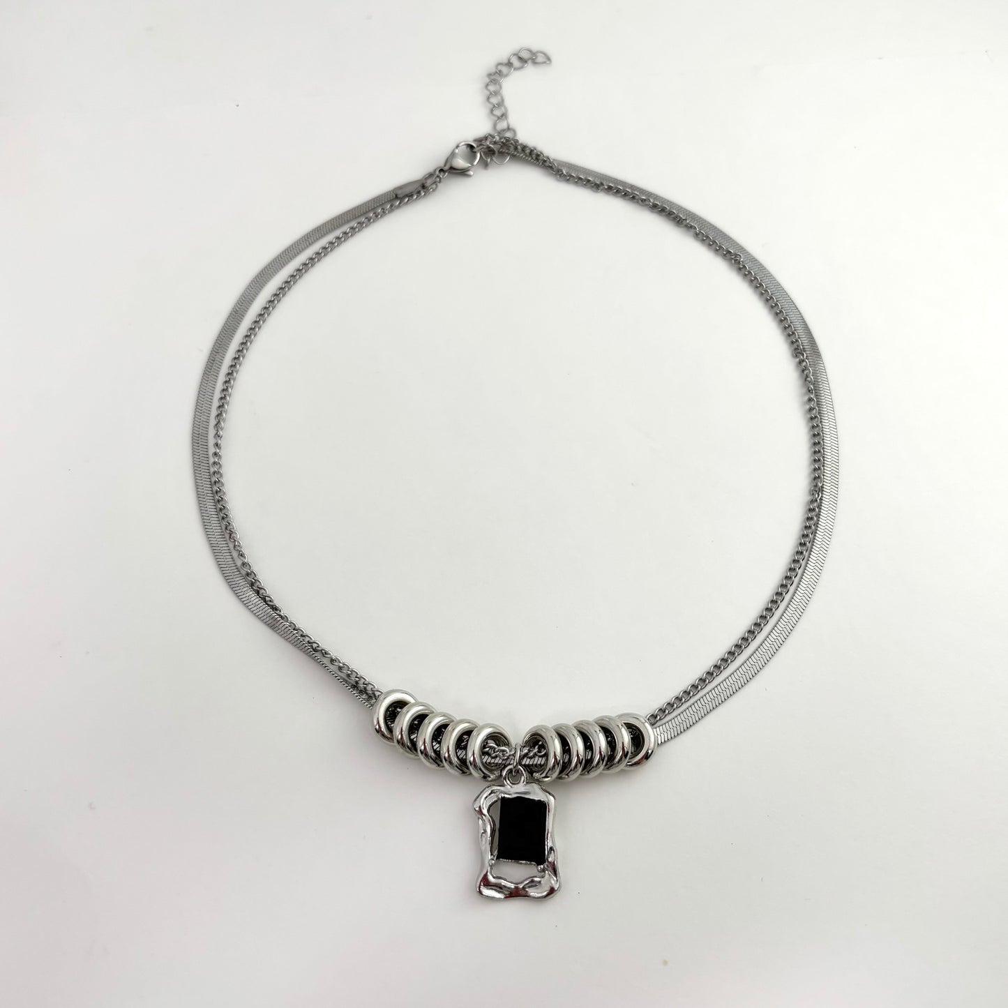 Double Layered Snake Bone Necklace Black Gemstone