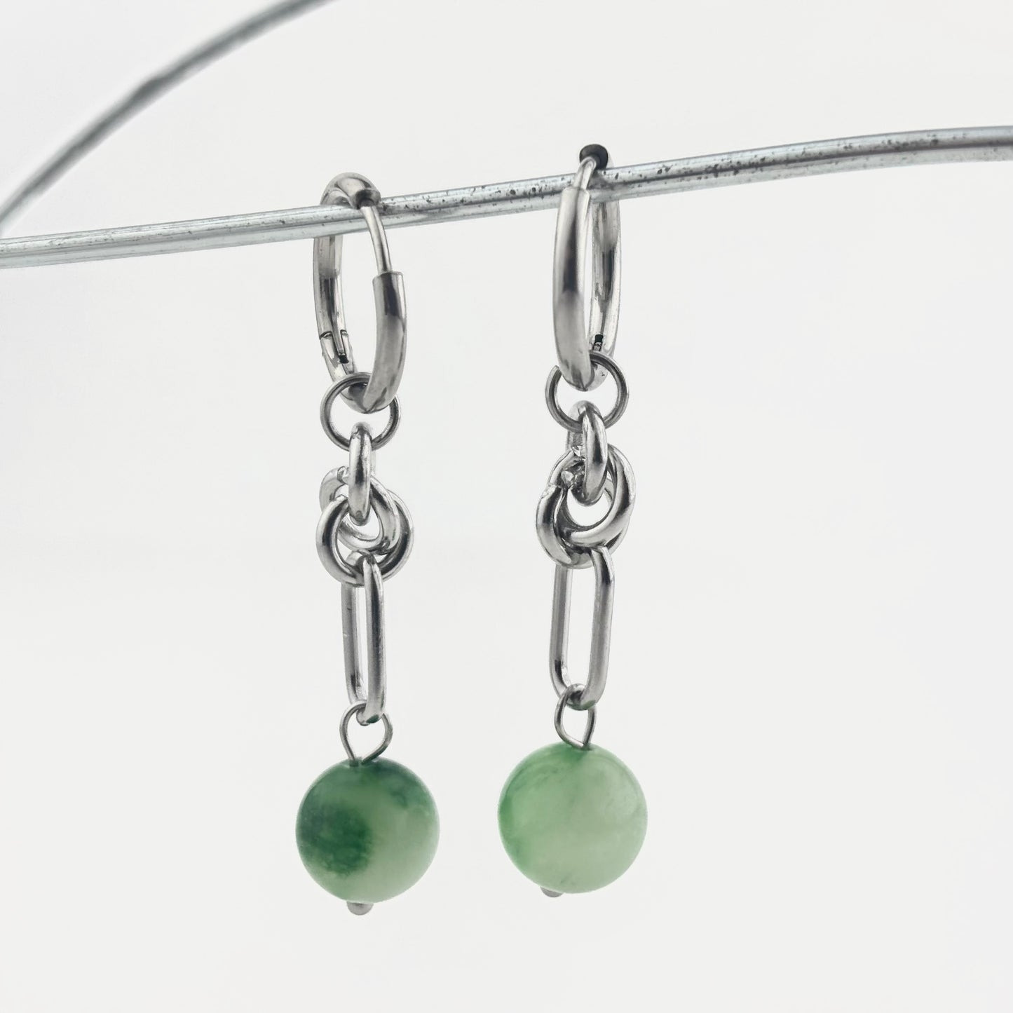 Titanium Steel Spliced Green Jade Earrings