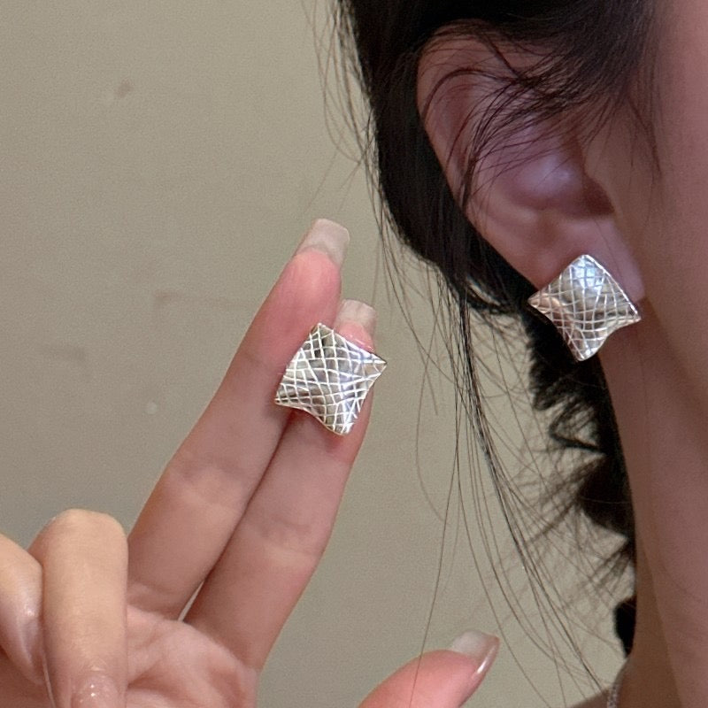 S925 Silver Earring Textured Rectangle