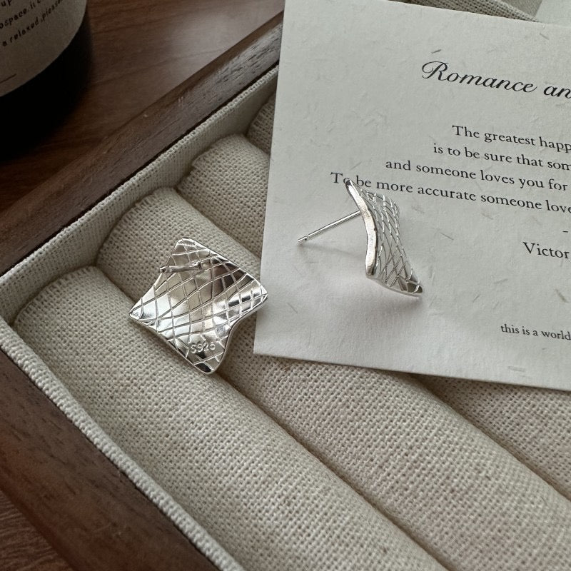 S925 Silver Earring Textured Rectangle
