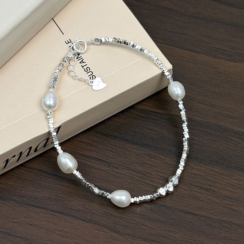 S925 Sterling Silver Freshwater Pearl Crushed Silver Bracelet