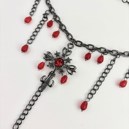 Red Embellished Cross Tassel Necklace