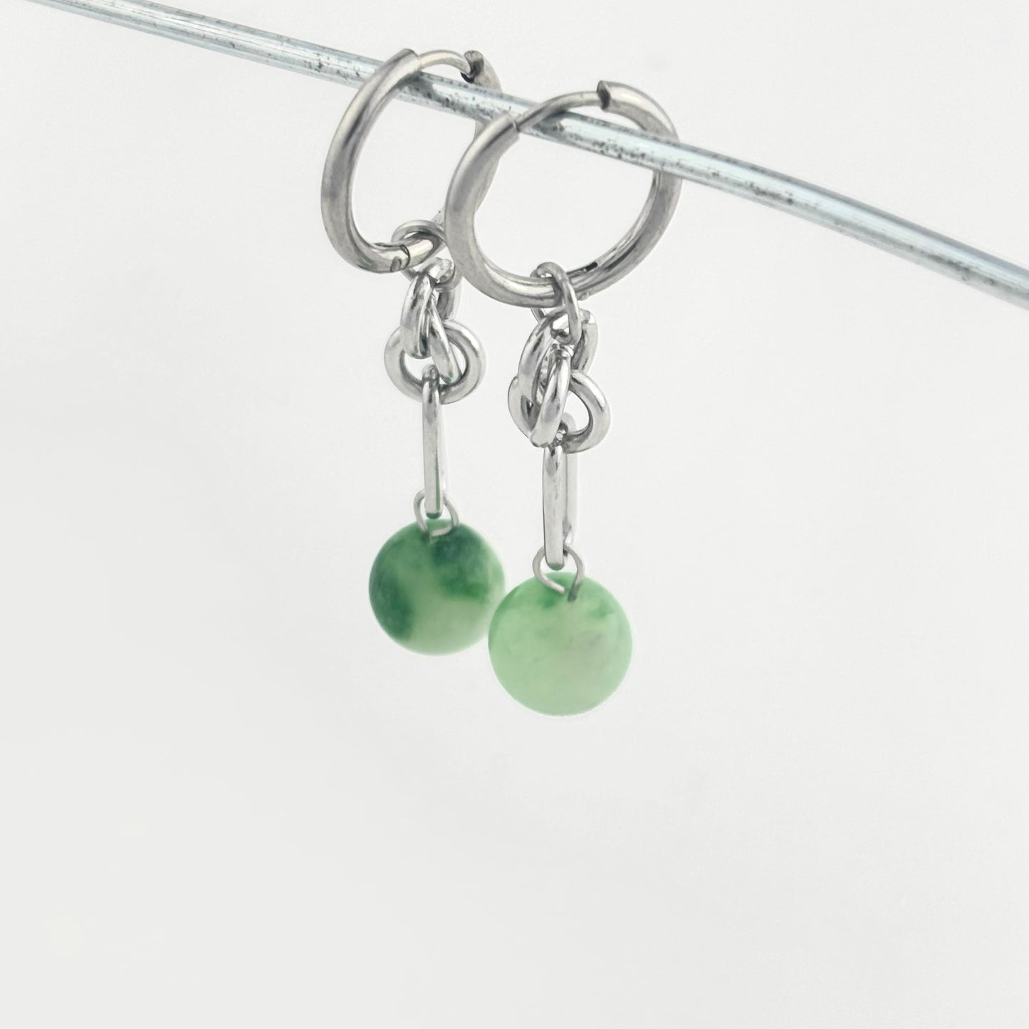 Titanium Steel Spliced Green Jade Earrings