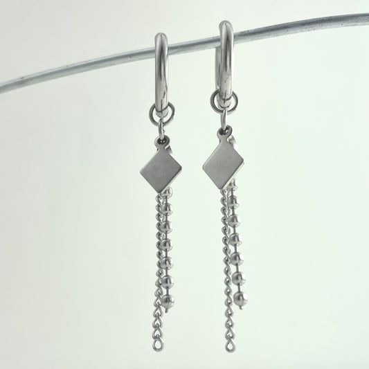 Titanium Hybrid Chain Square Tag Pendant Earrings