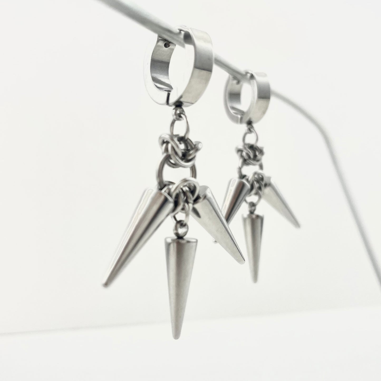 Titanium Waterproof Earrings with Three Rivets and Spiked Pendant