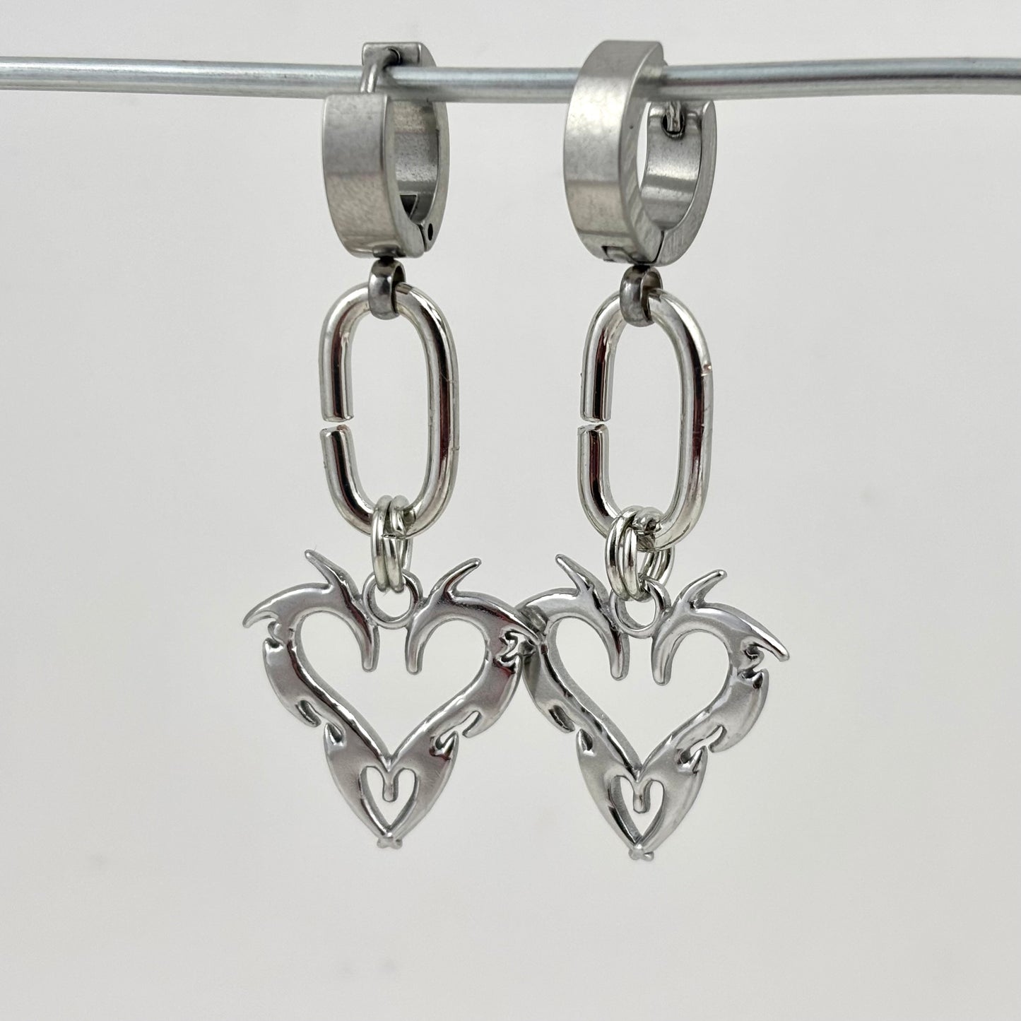 Customized Titanium Oval Heart Flame Dangle Earrings