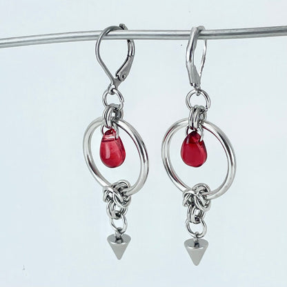 Titanium-Steel Waterproof Red Teardrop Rivet Earrings