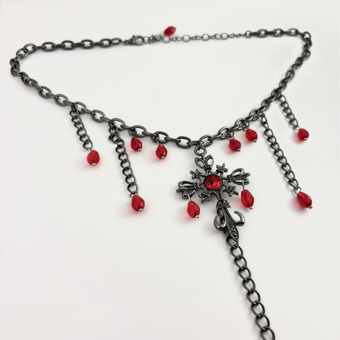 Red Embellished Cross Tassel Necklace