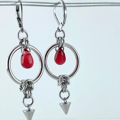 Titanium-Steel Waterproof Red Teardrop Rivet Earrings