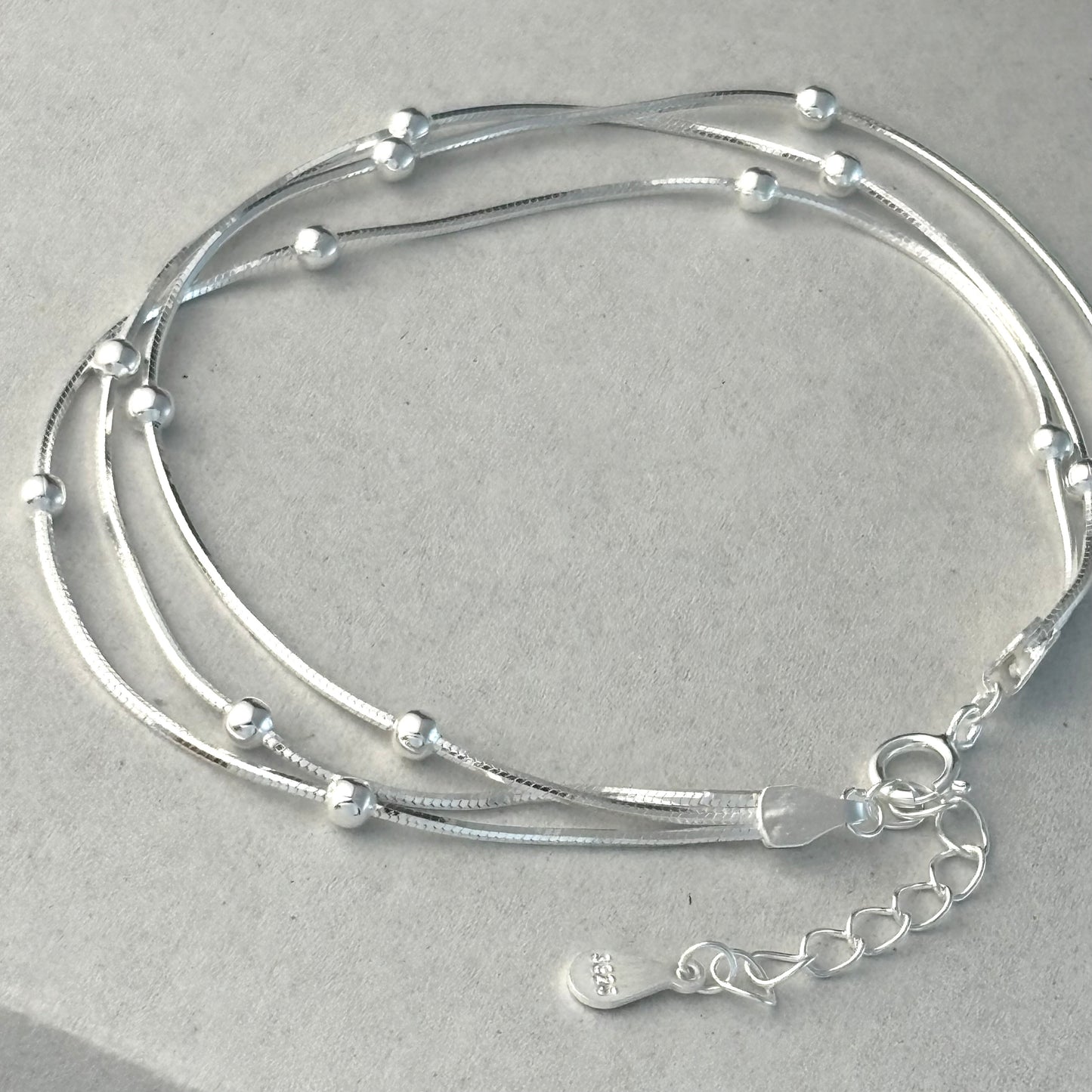 S925 Sterling Silver Triple Bead Snake Bone Bracelet