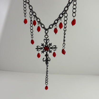 Red Embellished Cross Tassel Necklace