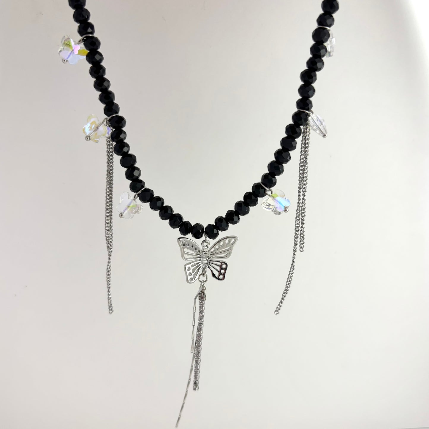 Black Bead Butterfly Pendant Necklace