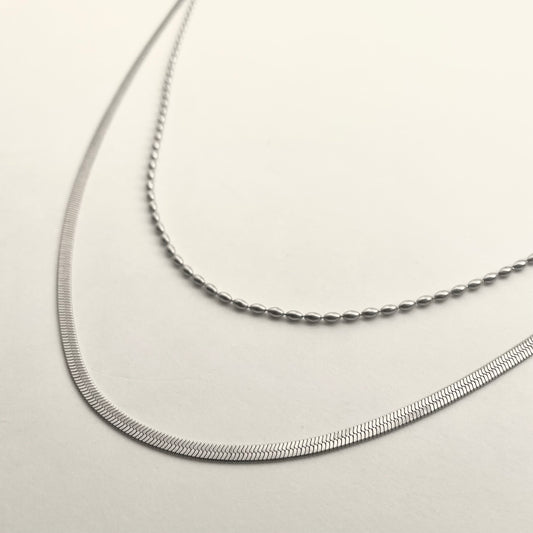 Silver Double-Layer Blade Silver Bead Necklace