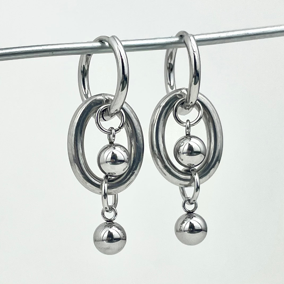 Titanium-Steel Waterproof Oval Double-Bead Earrings