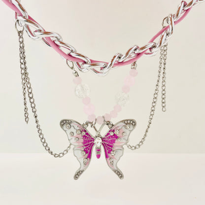 Pink Butterfly Leather Necklace