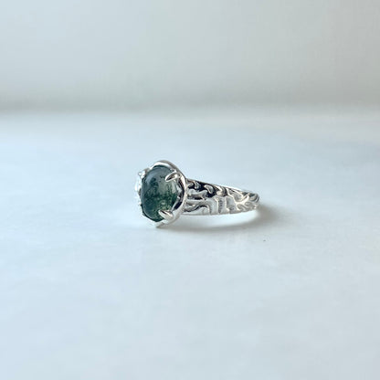 S925 Sterling Silver Textured Water Grass Moonstone Ring