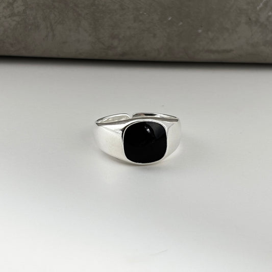 S925 Sterling Silver Adjustable Black Drop Glaze Open End Ring