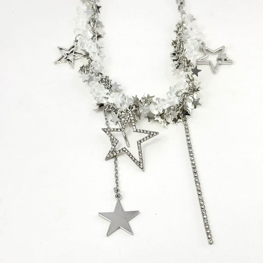 Super Sparkling White Crystal Star Sequin Necklace