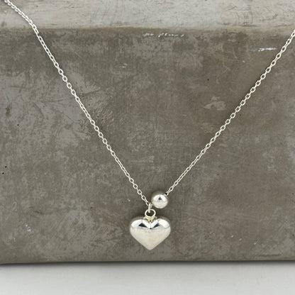 S925 Sterling Silver Thick Heart Beads Long Sweater Necklace