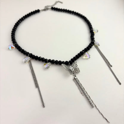 Black Bead Butterfly Pendant Necklace