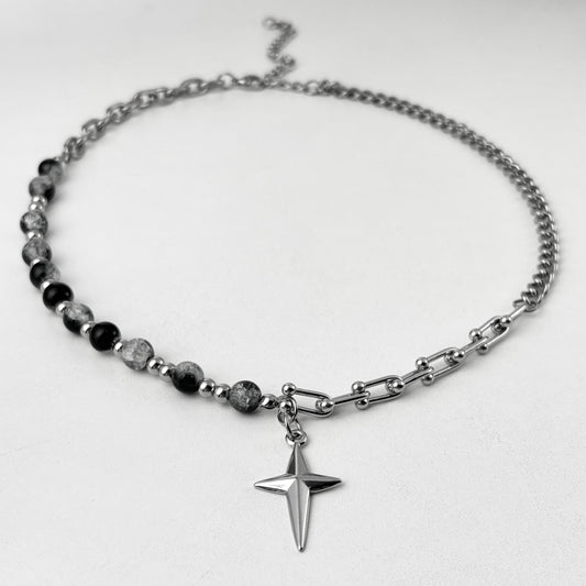 Ice Crack Bead Cross Charm Splicing Titanium Necklace