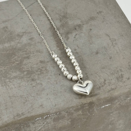 S925 Sterling Silver Silver Ball String Heart Pendant Necklace