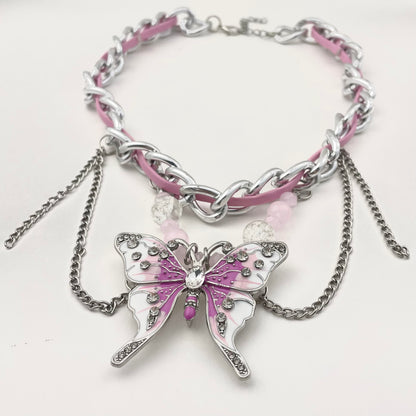 Pink Butterfly Leather Necklace