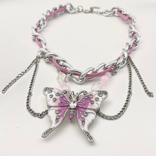 Pink Butterfly Leather Necklace