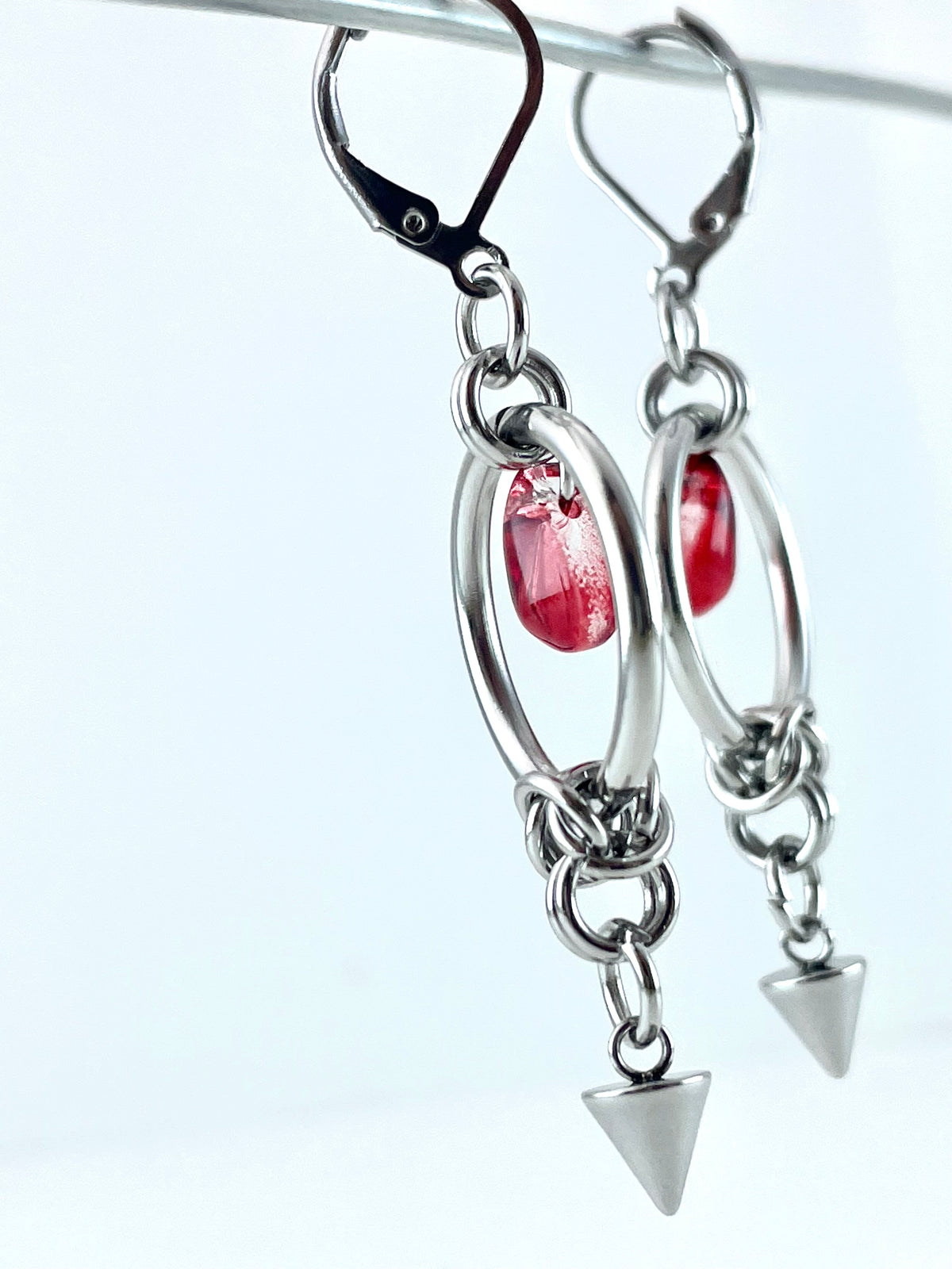 Titanium-Steel Waterproof Red Teardrop Rivet Earrings