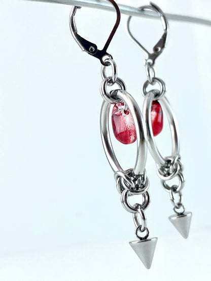 Titanium-Steel Waterproof Red Teardrop Rivet Earrings