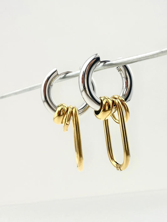 Titanium Waterproof Earrings with Gold and Silver Bands and Pendants