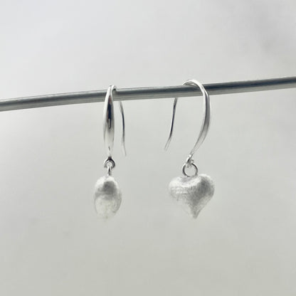 S925 Sterling Silver Satin-Finish Heart-Shaped Pendant Earrings