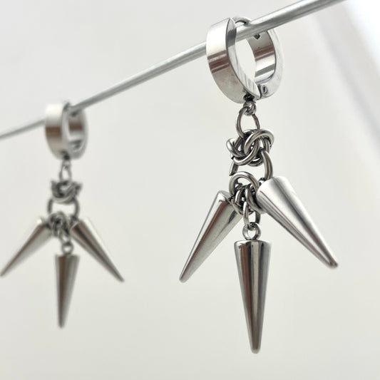 Titanium Waterproof Earrings with Three Rivets and Spiked Pendant