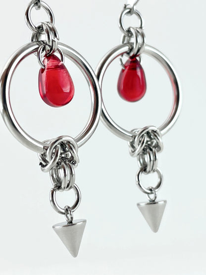 Titanium-Steel Waterproof Red Teardrop Rivet Earrings