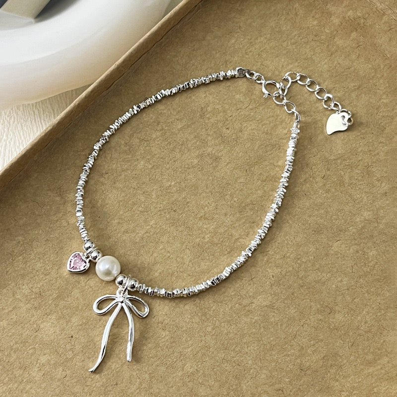 S925 Silver Bowknot Pink Heart Bracelet