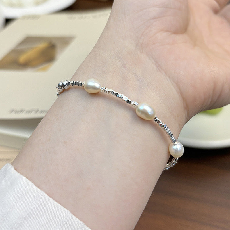 S925 Sterling Silver Freshwater Pearl Crushed Silver Bracelet