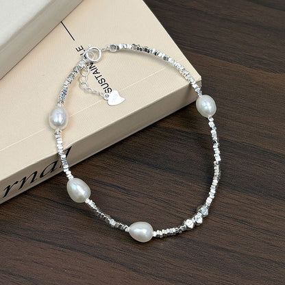 S925 Sterling Silver Freshwater Pearl Crushed Silver Bracelet